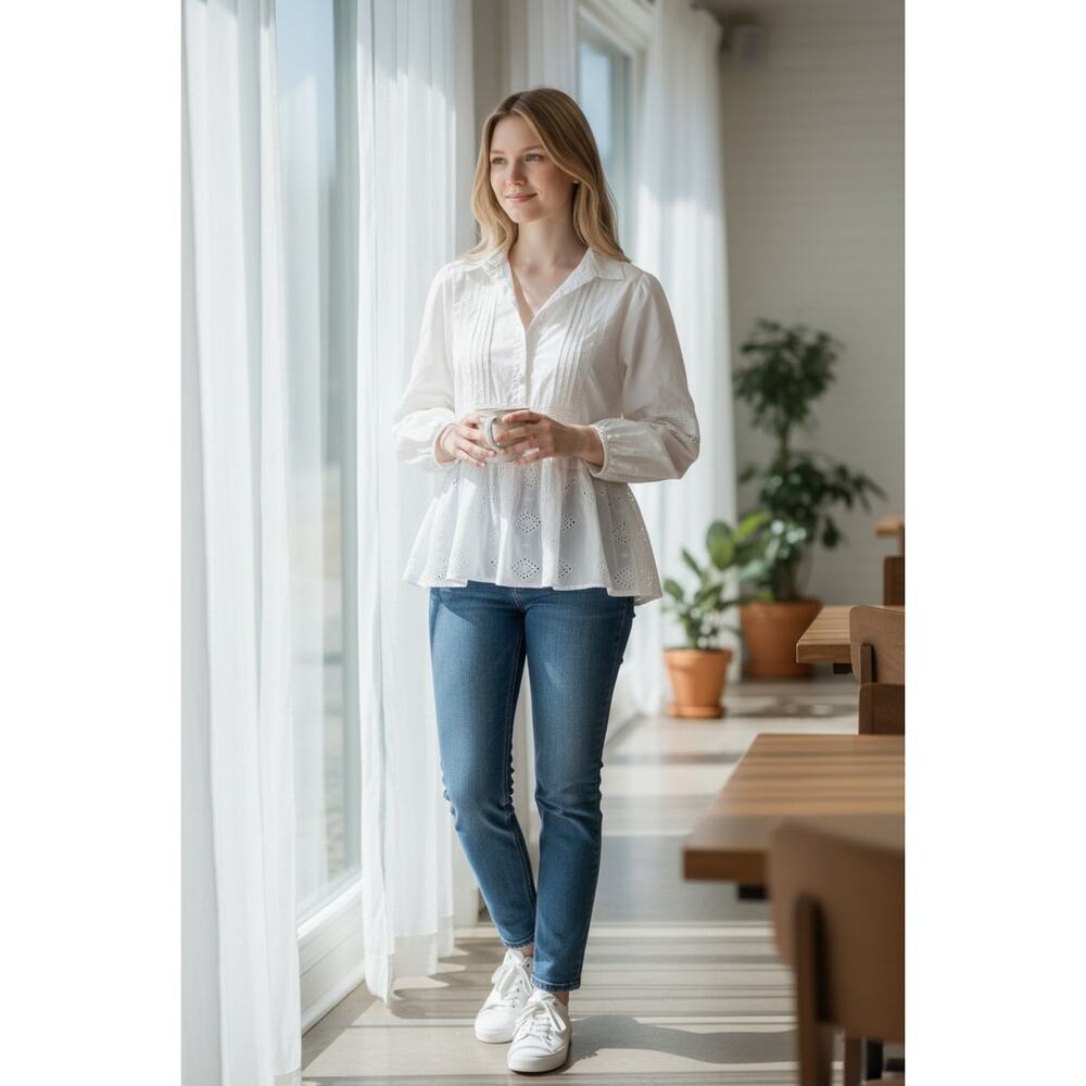2/$30 FLAG & ANTHEM Top Size S White Empire Ruffle Collar V Neck - Picture 1 of 5